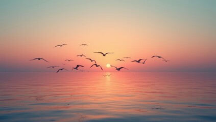 Sea birds in flight during sunset, silhouetted against the clear sky, highlighting seasonal migration