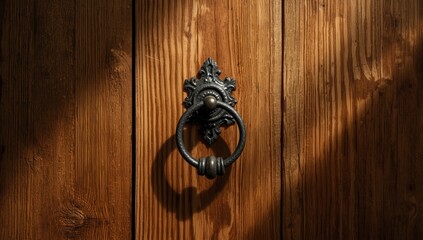 Vintage iron door knocker attached to aged wooden door, highlighting traditional craftsmanship