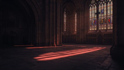 Church stained glass window reflection in Notre Dame de lAssomption de Cordon, historical architecture