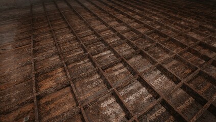 Abandoned iron bars with rust accumulation, highlighting corrosion and deterioration