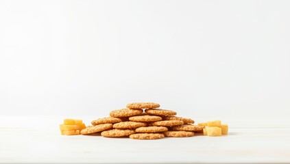 Close-up of crispy crackers arranged on a rustic surface, suitable for snack packaging backgrounds