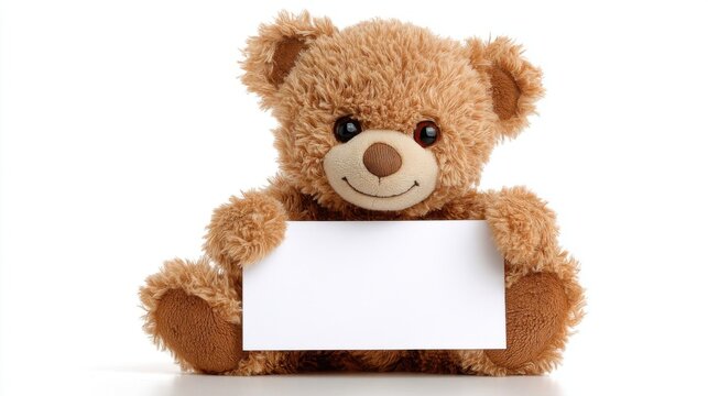 A plush brown teddy bear sits upright with forepaws resting, holding a blank piece of paper horizontally,