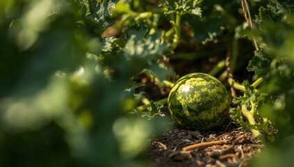 Close-up of watermelon fruit attached to the vine during harvest time, highlighting agriculture practices