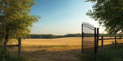 Open metal gate in a dry meadow serving as a background for text and layout design