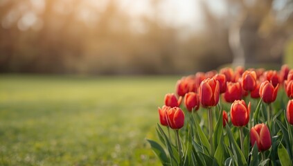 Close-up of vibrant red tulips in a cultivated field, highlighting seasonal flowering