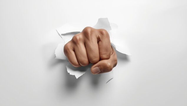 Human hand forcefully punching through paper highlighting workplace safety protocols