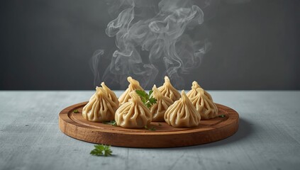 A traditional Georgian dish, khinkali, served on a gray surface, highlighting culinary craftsmanship
