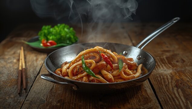 Seafood dish featuring squid and petai beans stir-fried with chili, highlighting spice and freshness