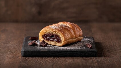 Baked puff pastry with chocolate filling displayed on a black surface, highlighting dessert assembly techniques
