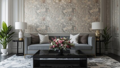 Living room setup with black table flowers, grey sofa, and ambient lighting, ideal for home interior styling