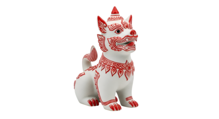 White Ceramic Guardian Lion with Red Accents statue
