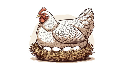 A detailed illustration of a white hen sitting on a nest of eggs, showcasing a classic farm scene. © Keira