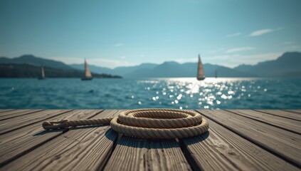 Naklejka premium Sailing rope on a wooden dock pier with sailing boats in the background, emphasizing maintenance and durability