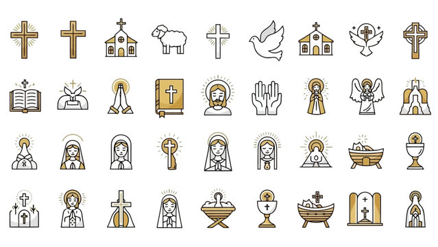 A collection of religious icons representing Christian symbols, including crosses, churches, biblical figures, and nativity scenes.