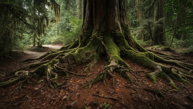 Underground root structure of a redwood tree illustrating natural stability, relevant for Earth Day environmental focus