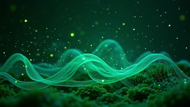 Radiant fibers explode fiber thread mesh, blending into dynamic designs against a green background, with sparkling stars twinkling in a cosmic, futuristic scene at twilight.