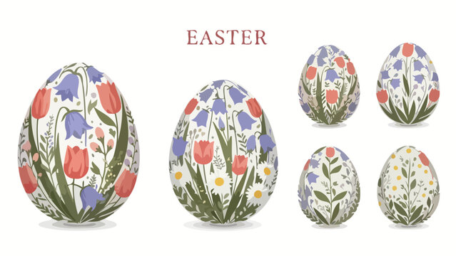 A collection of beautifully decorated Easter eggs adorned with intricate floral patterns of tulips and bluebells, set against a plain background.