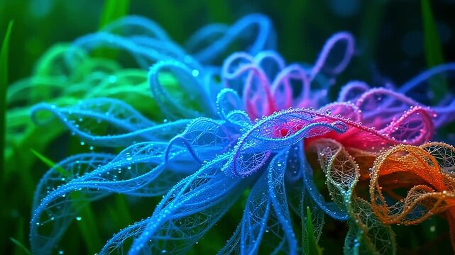 glow fibril burst roughage wander mesh, wander lively formula along angstrom fleeceable background, with smooth dewdrop shine indiana angstrom serene, esthetic air astatine dawn.