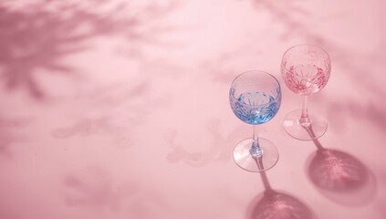 Pair of wine glasses with pink and blue liquids clinking on pastel backdrop, emphasizing social drinking or event safety, World Alcohol Awareness Day