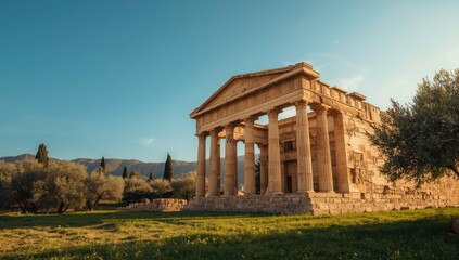 Ancient Greek-style temple structure in a park setting highlighting architectural conservation