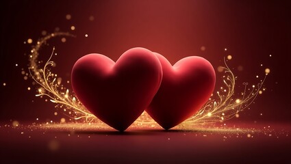 Two red hearts with golden sparks and swirls