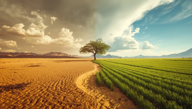 Land degradation due to desertification, dry soil and sparse vegetation, climate change impact focus