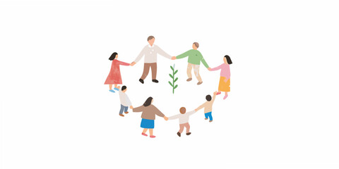 Obraz premium People holding hands in a circle around a small plant illustration