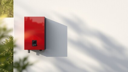 Red omvormer on white wall, serving as a durable component in renewable energy systems