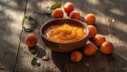 Fresh apricots and homemade apricot jam displayed on a wooden surface, highlighting summer harvest practices