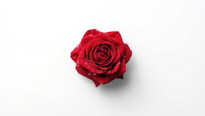 Single rose covered in dew on a plain white backdrop, ideal for layout or text overlay