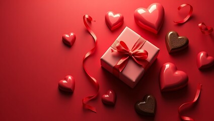 Valentine's day gift box with heart-shaped chocolates and ribbons