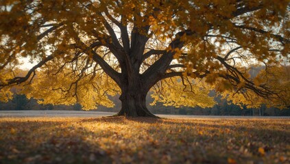Fototapeta premium Autumn scene featuring yellowing foliage and parched grass, reflecting seasonal transition