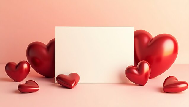 Red hearts and a blank card on a pink background - Powered by Adobe