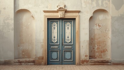 Old painted wooden doors featuring ornate designs, used as architectural heritage elements, cultural heritage preservation