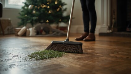 Removing Christmas tree debris from wooden parquet flooring using broom and scoop, holiday cleanup process
