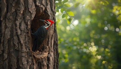 Pileated woodpecker on tree trunk in dense forest setting, emphasizing natural activity, World Wildlife Day