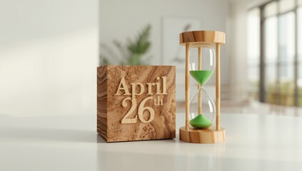 Wooden date cube and green sand hourglass, illustrating the flow of time, April 26th