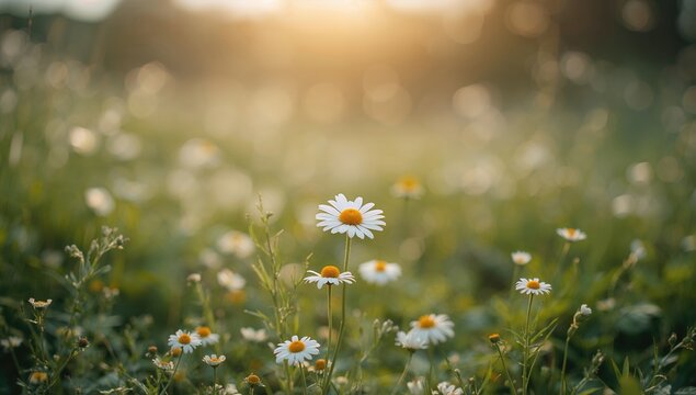 Garden scene with blooming daysies flowers and chamomile plants, natural setting