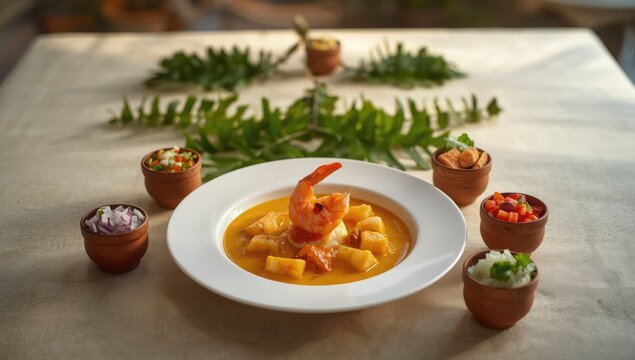 Brazilian shrimp bobo with manioc mash and coconut milk, garnished with chopped ingredients and served alongside rice, highlighting cultural cuisine
