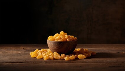 Dried yellow raisins on a dark surface serving as a UI background, World Food Day