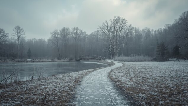 Frozen woodland pathway featuring a wooden bridge under overcast skies, highlighting winter safety - Powered by Adobe