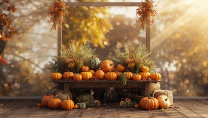Autumn festival pumpkin decorations featuring seasonal vegetables and flowers, Halloween decor elements with harvest theme