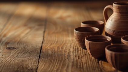 Detailed view of ceramic cups and jug crafted by hand resting on a wooden surface emphasizing textured vintage artistry, suitable for artisanal product backgrounds