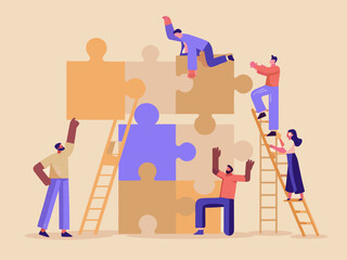 People collaborating and building connections with puzzle pieces as a team