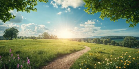 Footpath across a grassy slope with trees, emphasizing environmental preservation and outdoor mobility, Earth Day