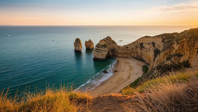 Aerial perspective of Praia Marinha featuring rugged cliffs and clear sea, emphasizing natural preservation efforts