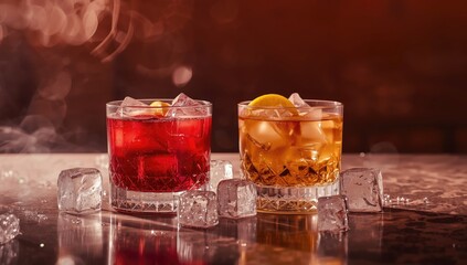A pairing of Negroni and whiskey sour served in on the rocks glasses, highlighting mixed drink presentation, World Cocktail Day