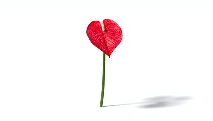Single red anthurium flower on white, emphasizing its structural details for floral arrangement reference