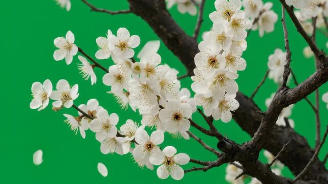 A serene branch with white blossoms against a green background, illustrating the concept of spring in a square shape, with a clear font and wooden texture in the background