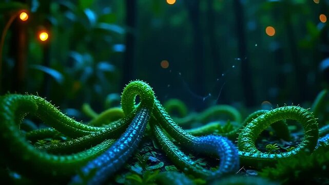 luminous wander burst roughage wander mesh, constitute lively web along angstrom fleeceable background, with radiant vine curve indiana angstrom lush, tropic show nether starlight.